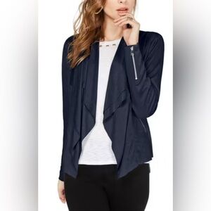 INC Women's Faux-Suede Double-Layer Drape-Front Jacket Navy Blue Sz XL